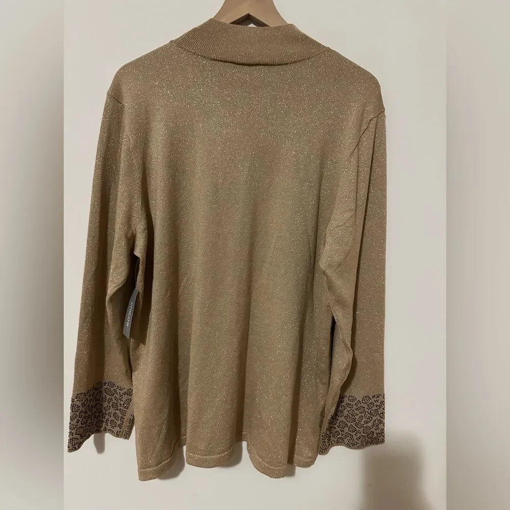 Chico’s Animal Ringtone wristsband Mock Neck Sweater SZ 4 US XXL Color Camel